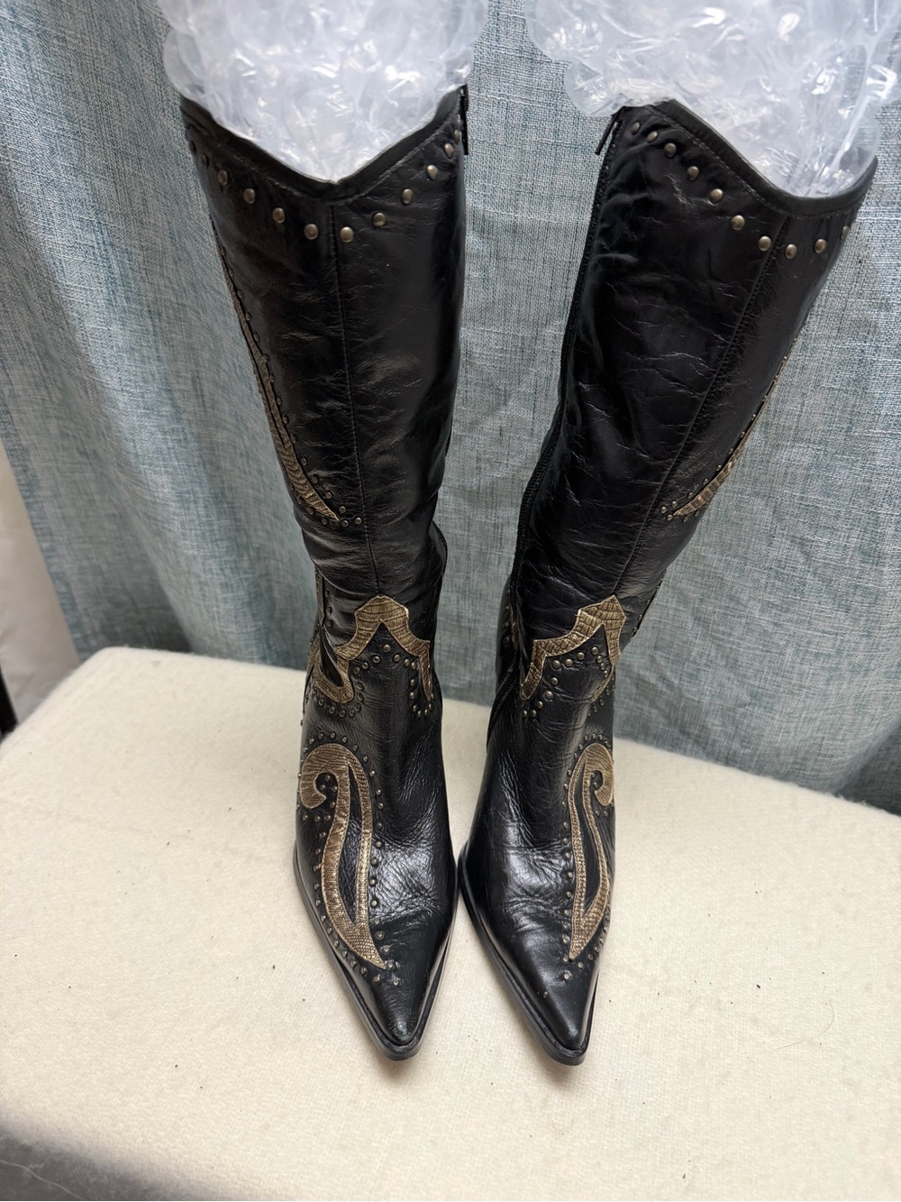 Vintage Dollhouse Black Knee-High Pointed Toe Heeled Boots with Gold Trim